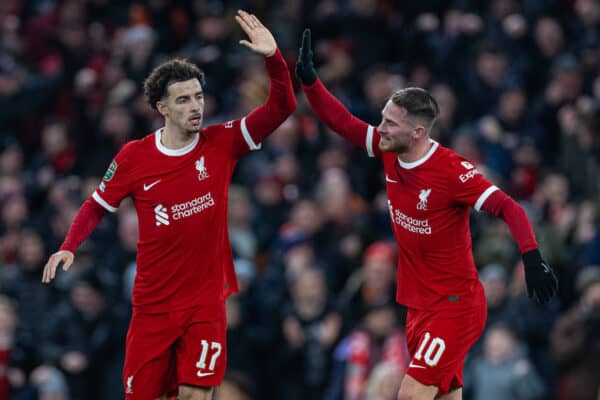 LIVERPOOL, ENGLAND - Wednesday, January 10, 2024: Liverpool's Curtis Jones (L) celebrates with team-mate Alexis Mac Allister (R) after scoring the first equalising goal during the Football League Cup Semi-Final 1st Leg match between Liverpool FC and Fulham FC at Anfield. (Photo by David Rawcliffe/Propaganda)