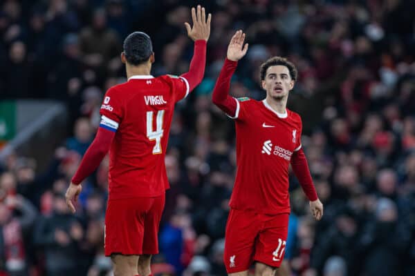 LIVERPOOL, ENGLAND - Wednesday, January 10, 2024: Liverpool's Curtis Jones celebrates after scoring the first equalising goal during the Football League Cup Semi-Final 1st Leg match between Liverpool FC and Fulham FC at Anfield. (Photo by David Rawcliffe/Propaganda)