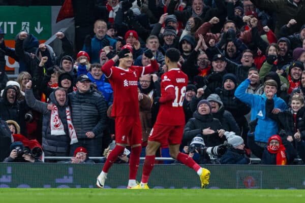 LIVERPOOL, ENGLAND - Wednesday, January 10, 2024: Liverpool's Cody Gakpo (R) celebrates with team-mate Darwin Núñez (L) after scoring the second goal during the Football League Cup Semi-Final 1st Leg match between Liverpool FC and Fulham FC at Anfield. (Photo by David Rawcliffe/Propaganda)