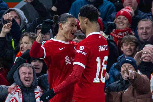 LIVERPOOL, ENGLAND - Wednesday, January 10, 2024: Liverpool's Cody Gakpo (R) celebrates with team-mate Darwin Núñez (L) after scoring the second goal during the Football League Cup Semi-Final 1st Leg match between Liverpool FC and Fulham FC at Anfield. (Photo by David Rawcliffe/Propaganda)