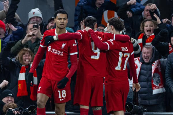 LIVERPOOL, ENGLAND - Wednesday, January 10, 2024: Liverpool's Cody Gakpo (L) celebrates with team-mates after scoring the second goal during the Football League Cup Semi-Final 1st Leg match between Liverpool FC and Fulham FC at Anfield. (Photo by David Rawcliffe/Propaganda)