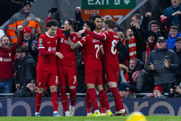 LIVERPOOL, ENGLAND - Wednesday, January 10, 2024: Liverpool's Cody Gakpo (2nd from R) celebrates with team-mates after scoring the second goal during the Football League Cup Semi-Final 1st Leg match between Liverpool FC and Fulham FC at Anfield. (Photo by David Rawcliffe/Propaganda)