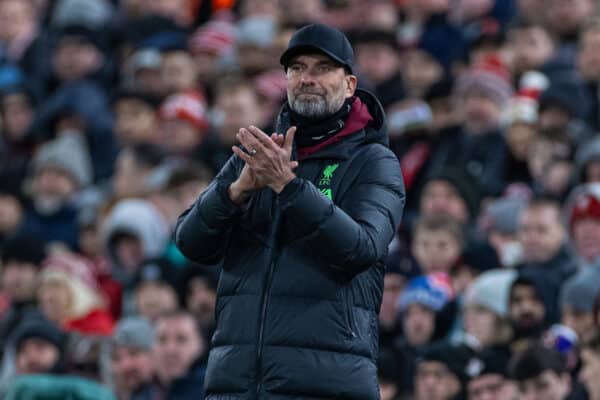 LIVERPOOL, ENGLAND - Wednesday, January 10, 2024: Liverpool's manager Jürgen Klopp during the Football League Cup Semi-Final 1st Leg match between Liverpool FC and Fulham FC at Anfield. (Photo by David Rawcliffe/Propaganda)
