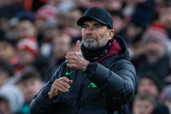 LIVERPOOL, ENGLAND - Wednesday, January 10, 2024: Liverpool's manager Jürgen Klopp during the Football League Cup Semi-Final 1st Leg match between Liverpool FC and Fulham FC at Anfield. (Photo by David Rawcliffe/Propaganda)