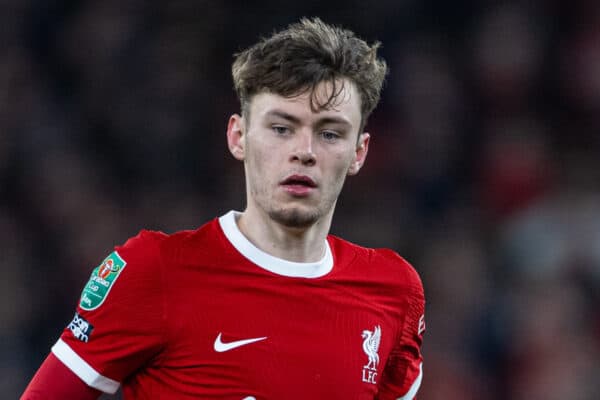 LIVERPOOL, ENGLAND - Wednesday, January 10, 2024: Liverpool's Conor Bradley during the Football League Cup Semi-Final 1st Leg match between Liverpool FC and Fulham FC at Anfield. (Photo by David Rawcliffe/Propaganda)