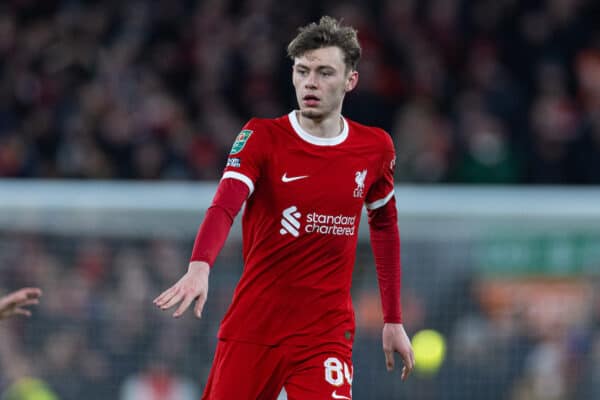 LIVERPOOL, ENGLAND - Wednesday, January 10, 2024: Liverpool's Conor Bradley during the Football League Cup Semi-Final 1st Leg match between Liverpool FC and Fulham FC at Anfield. (Photo by David Rawcliffe/Propaganda)