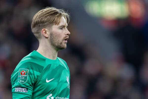 LIVERPOOL, ENGLAND - Wednesday, January 10, 2024: Liverpool's goalkeeper Caoimhin Kelleher during the Football League Cup Semi-Final 1st Leg match between Liverpool FC and Fulham FC at Anfield. (Photo by David Rawcliffe/Propaganda)