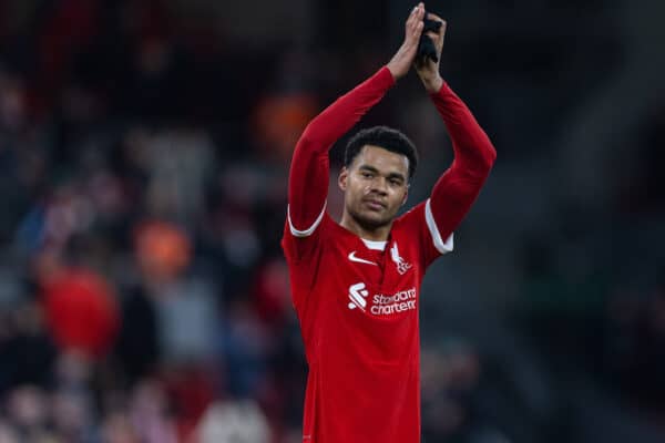 LIVERPOOL, ENGLAND - Wednesday, January 10, 2024: Liverpool's Cody Gakpo applauds the supporters after the Football League Cup Semi-Final 1st Leg match between Liverpool FC and Fulham FC at Anfield. Liverpool won 2-1. (Photo by David Rawcliffe/Propaganda)