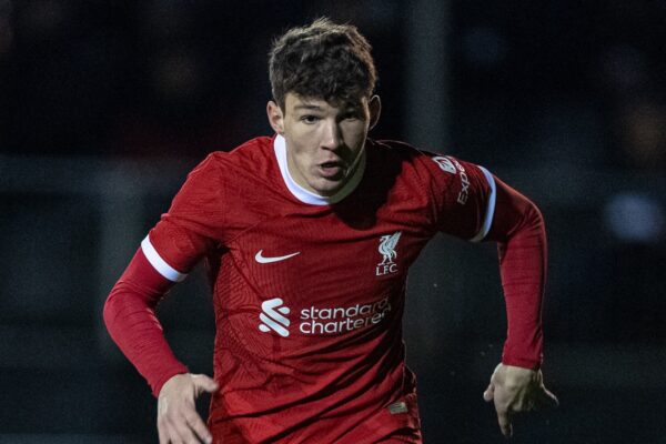 LIVERPOOL, ENGLAND - Saturday, January 20, 2024: Liverpool's Lewis Koumas during the FA Youth Cup 4th Round match between Liverpool FC Under-18's and Arsenal FC Under-18's at the Liverpool Academy. (Photo by David Rawcliffe/Propaganda)