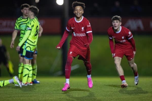 LIVERPOOL, ENGLAND - Saturday, January 20, 2024: Liverpool's Trent Kone-Doherty celebrates after scoring the fourth goal during the FA Youth Cup 4th Round match between Liverpool FC Under-18's and Arsenal FC Under-18's at the Liverpool Academy. (Photo by David Rawcliffe/Propaganda)