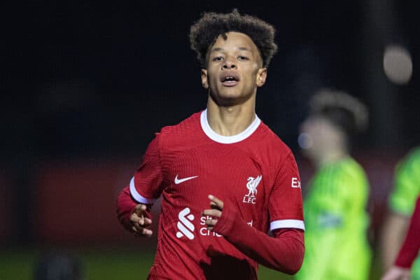 LIVERPOOL, ENGLAND - Saturday, January 20, 2024: Liverpool's Trent Kone-Doherty celebrates after scoring the fourth goal during the FA Youth Cup 4th Round match between Liverpool FC Under-18's and Arsenal FC Under-18's at the Liverpool Academy. (Photo by David Rawcliffe/Propaganda)