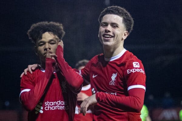 LIVERPOOL, ENGLAND - Saturday, January 20, 2024: Liverpool's Trent Kone-Doherty (L) celebrates with team-mate Kieran Morrison after scoring the fourth goal during the FA Youth Cup 4th Round match between Liverpool FC Under-18's and Arsenal FC Under-18's at the Liverpool Academy. (Photo by David Rawcliffe/Propaganda)