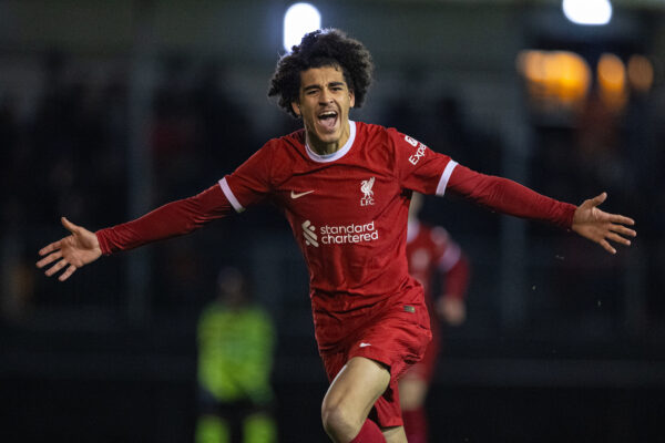 LIVERPOOL, ENGLAND - Saturday, January 20, 2024: Liverpool's Jayden Danns celebrates after scoring the fifth goal during the FA Youth Cup 4th Round match between Liverpool FC Under-18's and Arsenal FC Under-18's at the Liverpool Academy. (Photo by David Rawcliffe/Propaganda)