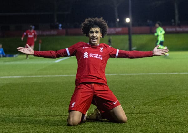 LIVERPOOL, ENGLAND - Saturday, January 20, 2024: Liverpool's Jayden Danns celebrates after scoring the sixth goal during the FA Youth Cup 4th Round match between Liverpool FC Under-18's and Arsenal FC Under-18's at the Liverpool Academy. (Photo by David Rawcliffe/Propaganda)