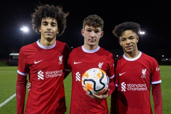 LIVERPOOL, ENGLAND - Saturday, January 20, 2024: Liverpool's hat-trick hero Lewis Koumas (C) and double goal-scorers Jayden Danns (L) and Trent Kone-Doherty (R) with the match ball after the FA Youth Cup 4th Round match between Liverpool FC Under-18's and Arsenal FC Under-18's at the Liverpool Academy. Liverpool won 7-1. (Photo by David Rawcliffe/Propaganda)