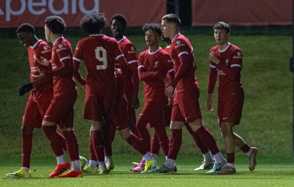 LIVERPOOL, ENGLAND - Saturday, January 20, 2024: Liverpool's Lewis Koumas (R) celebrates with team-mates after scoring the first goal during the FA Youth Cup 4th Round match between Liverpool FC Under-18's and Arsenal FC Under-18's at the Liverpool Academy. (Photo by David Rawcliffe/Propaganda)