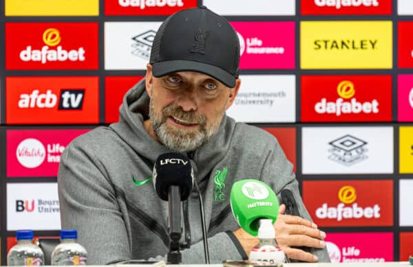 BOURNEMOUTH, ENGLAND - Sunday, January 21, 2024: Liverpool's manager Jürgen Klopp during a post-match press conferece after the FA Premier League match between AFC Bournemouth and Liverpool FC at Dean Court. (Photo by David Rawcliffe/Propaganda)