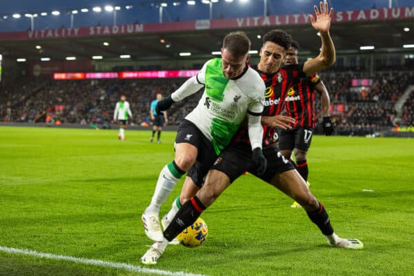 BOURNEMOUTH, ENGLAND - Sunday, January 21, 2024: Liverpool's Alexis Mac Allister is challenged by Bournemouth's James Hill during the FA Premier League match between AFC Bournemouth and Liverpool FC at Dean Court. (Photo by David Rawcliffe/Propaganda)