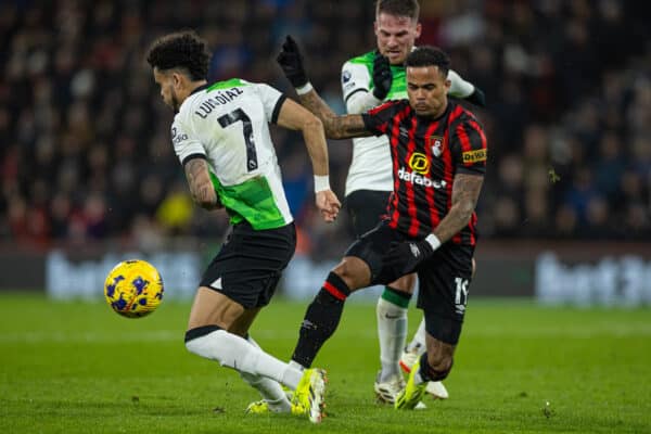 BOURNEMOUTH, ENGLAND - Sunday, January 21, 2024: Bournemouth's Justin Kluivert stamps on the ankle of Liverpool's Luis Díaz during the FA Premier League match between AFC Bournemouth and Liverpool FC at Dean Court. (Photo by David Rawcliffe/Propaganda)