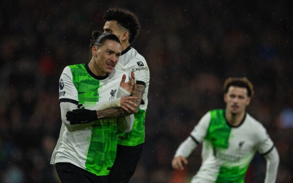 BOURNEMOUTH, ENGLAND - Sunday, January 21, 2024: Liverpool's Darwin Núñez celebrates after scoring the first goal during the FA Premier League match between AFC Bournemouth and Liverpool FC at Dean Court. (Photo by David Rawcliffe/Propaganda)