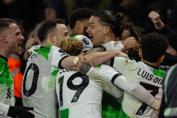 BOURNEMOUTH, ENGLAND - Sunday, January 21, 2024: Liverpool's Darwin Núñez celebrates after scoring the first goal during the FA Premier League match between AFC Bournemouth and Liverpool FC at Dean Court. (Photo by David Rawcliffe/Propaganda)