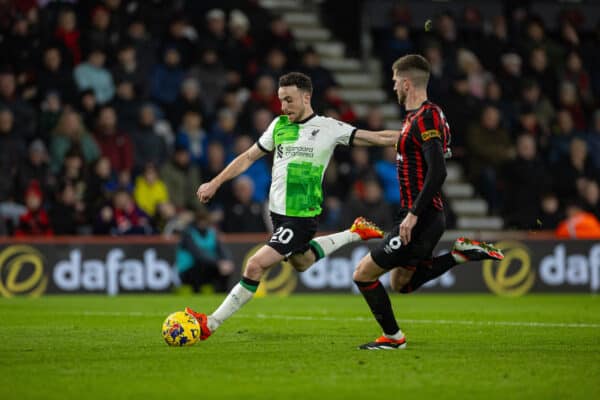 BOURNEMOUTH, ENGLAND - Sunday, January 21, 2024: Liverpool's Diogo Jota scores the second goal during the FA Premier League match between AFC Bournemouth and Liverpool FC at Dean Court. (Photo by David Rawcliffe/Propaganda)