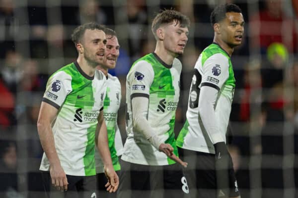 BOURNEMOUTH, ENGLAND - Sunday, January 21, 2024: Liverpool's Diogo Jota (L) celebrates after scoring the third goal during the FA Premier League match between AFC Bournemouth and Liverpool FC at Dean Court. (Photo by David Rawcliffe/Propaganda)