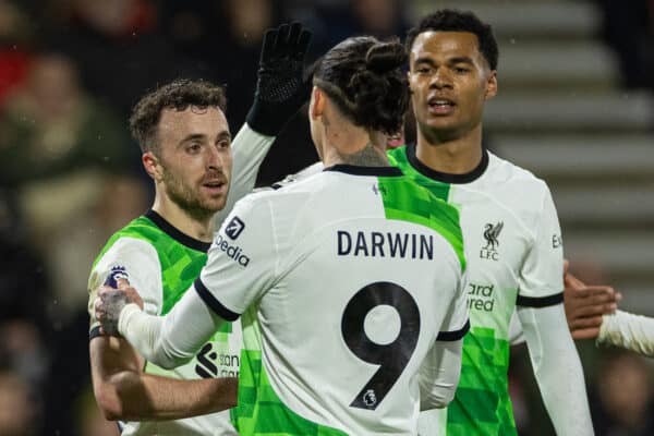 BOURNEMOUTH, ENGLAND - Sunday, January 21, 2024: Liverpool's Diogo Jota (L) celebrates after scoring the third goal during the FA Premier League match between AFC Bournemouth and Liverpool FC at Dean Court. (Photo by David Rawcliffe/Propaganda)