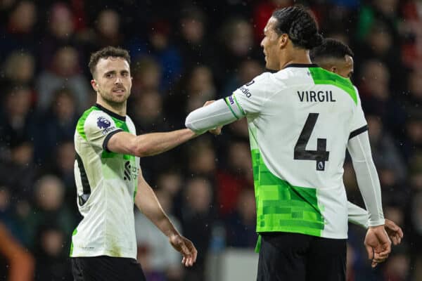 BOURNEMOUTH, ENGLAND - Sunday, January 21, 2024: Liverpool's Diogo Jota (L) celebrates after scoring the third goal during the FA Premier League match between AFC Bournemouth and Liverpool FC at Dean Court. (Photo by David Rawcliffe/Propaganda)