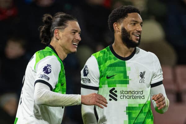 BOURNEMOUTH, ENGLAND - Sunday, January 21, 2024: Liverpool's Darwin Núñez (L) celebrates with team-mate Joe Gomez after scoring the fourth goal during the FA Premier League match between AFC Bournemouth and Liverpool FC at Dean Court. (Photo by David Rawcliffe/Propaganda)