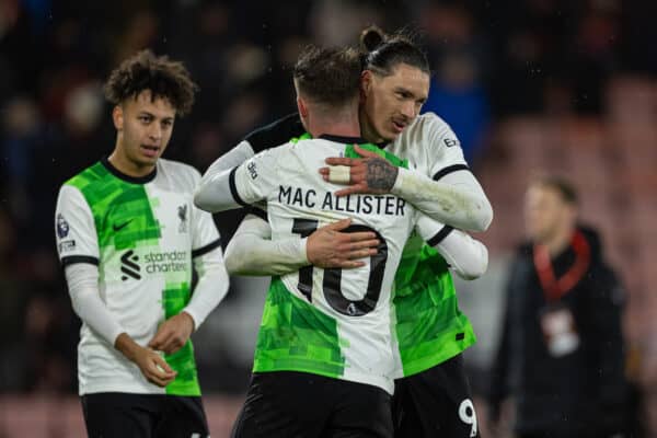 BOURNEMOUTH, ENGLAND - Sunday, January 21, 2024: Liverpool's two-goal hero Darwin Núñez (R) celebrates after the FA Premier League match between AFC Bournemouth and Liverpool FC at Dean Court.Liverpool won 4-0. (Photo by David Rawcliffe/Propaganda)