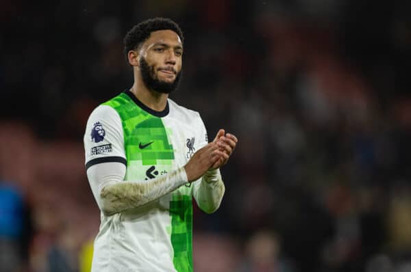 BOURNEMOUTH, ENGLAND - Sunday, January 21, 2024: Liverpool's Joe Gomez celebrates after the FA Premier League match between AFC Bournemouth and Liverpool FC at Dean Court.Liverpool won 4-0. (Photo by David Rawcliffe/Propaganda)