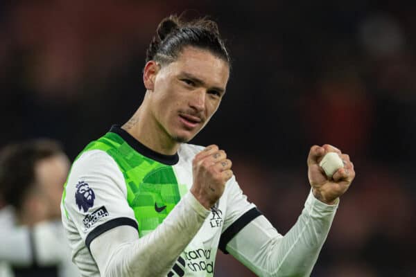 BOURNEMOUTH, ENGLAND - Sunday, January 21, 2024: Liverpool's two-goal hero Darwin Núñez celebrates after the FA Premier League match between AFC Bournemouth and Liverpool FC at Dean Court.Liverpool won 4-0. (Photo by David Rawcliffe/Propaganda)