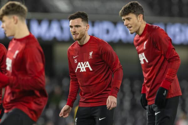 LONDON, ENGLAND - Wednesday, January 24, 2024: Liverpool's Andy Robertson during the pre-match warm-up before the Football League Cup Semi-Final 2nd Leg match between Fulham FC and Liverpool FC at Craven Cottage. (Photo by David Rawcliffe/Propaganda)