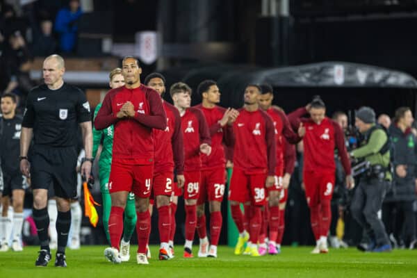 LONDON, ENGLAND - Wednesday, January 24, 2024: Liverpool's captain Virgil van Dijk leads his side out during the Football League Cup Semi-Final 2nd Leg match between Fulham FC and Liverpool FC at Craven Cottage. (Photo by David Rawcliffe/Propaganda)