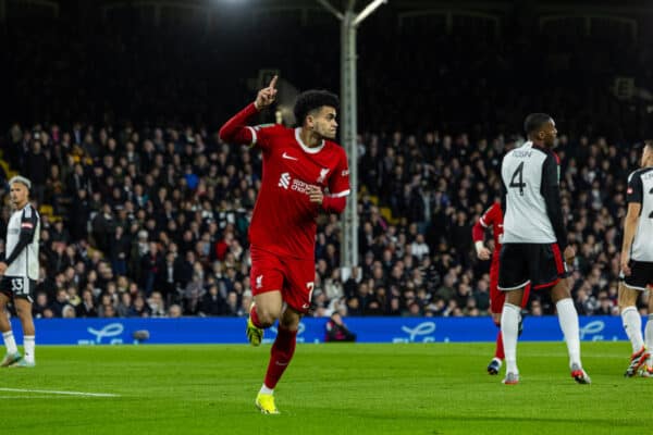 LONDON, ENGLAND - Wednesday, January 24, 2024: Liverpool's Luis Díaz celebrates after scoring the first goal during the Football League Cup Semi-Final 2nd Leg match between Fulham FC and Liverpool FC at Craven Cottage. (Photo by David Rawcliffe/Propaganda)