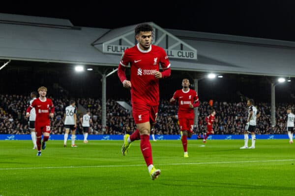 LONDON, ENGLAND - Wednesday, January 24, 2024: Liverpool's Luis Díaz celebrates after scoring the first goal during the Football League Cup Semi-Final 2nd Leg match between Fulham FC and Liverpool FC at Craven Cottage. (Photo by David Rawcliffe/Propaganda)