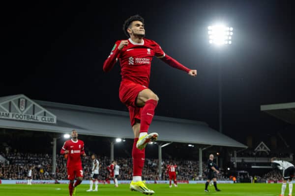  Liverpool's Luis Díaz celebrates after scoring the first goal during the Football League Cup Semi-Final 2nd Leg match between Fulham FC and Liverpool FC at Craven Cottage. (Photo by David Rawcliffe/Propaganda)