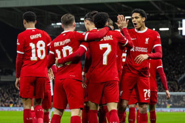 LONDON, ENGLAND - Wednesday, January 24, 2024: Liverpool's Luis Díaz celebrates after scoring the first goal during the Football League Cup Semi-Final 2nd Leg match between Fulham FC and Liverpool FC at Craven Cottage. (Photo by David Rawcliffe/Propaganda)