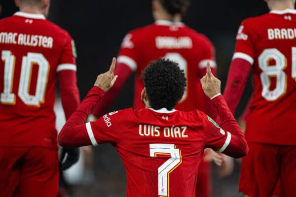 LONDON, ENGLAND - Wednesday, January 24, 2024: Liverpool's Luis Díaz celebrates after scoring the first goal during the Football League Cup Semi-Final 2nd Leg match between Fulham FC and Liverpool FC at Craven Cottage. (Photo by David Rawcliffe/Propaganda)