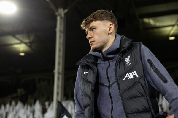 LONDON, ENGLAND - Wednesday, January 24, 2024: Liverpool's Conor Bradley before the Football League Cup Semi-Final 2nd Leg match between Fulham FC and Liverpool FC at Craven Cottage. (Photo by David Rawcliffe/Propaganda)