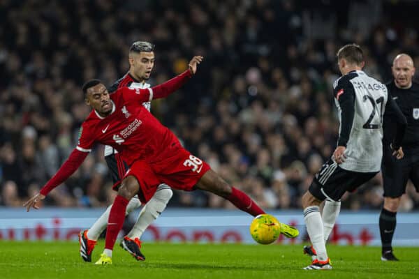 LONDON, ENGLAND - Wednesday, January 24, 2024: Liverpool's Ryan Gravenberch during the Football League Cup Semi-Final 2nd Leg match between Fulham FC and Liverpool FC at Craven Cottage. (Photo by David Rawcliffe/Propaganda)