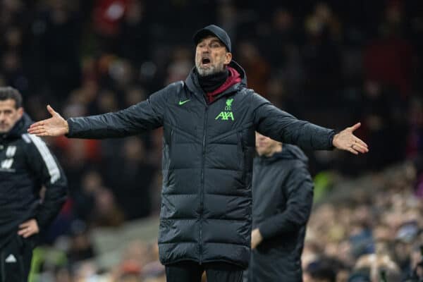 LONDON, ENGLAND - Wednesday, January 24, 2024: Liverpool's manager Jürgen Klopp during the Football League Cup Semi-Final 2nd Leg match between Fulham FC and Liverpool FC at Craven Cottage. (Photo by David Rawcliffe/Propaganda)