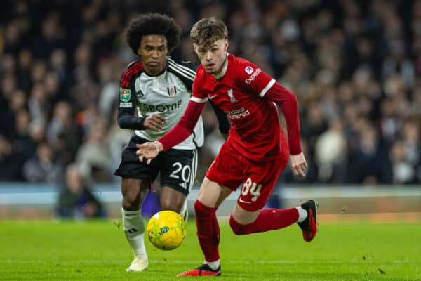 LONDON, ENGLAND - Wednesday, January 24, 2024: Liverpool's Conor Bradley during the Football League Cup Semi-Final 2nd Leg match between Fulham FC and Liverpool FC at Craven Cottage. (Photo by David Rawcliffe/Propaganda)