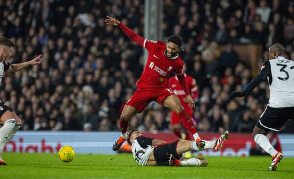 LONDON, ENGLAND - Wednesday, January 24, 2024: Liverpool's Joe Gomez during the Football League Cup Semi-Final 2nd Leg match between Fulham FC and Liverpool FC at Craven Cottage. (Photo by David Rawcliffe/Propaganda)