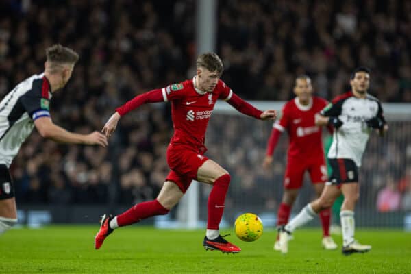 LONDON, ENGLAND - Wednesday, January 24, 2024: Liverpool's Conor Bradley during the Football League Cup Semi-Final 2nd Leg match between Fulham FC and Liverpool FC at Craven Cottage. (Photo by David Rawcliffe/Propaganda)