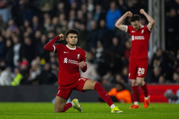 LONDON, ENGLAND - Wednesday, January 24, 2024: Liverpool's goal-scorer Luis Díaz celebrates at the final whistle during the Football League Cup Semi-Final 2nd Leg match between Fulham FC and Liverpool FC at Craven Cottage. (Photo by David Rawcliffe/Propaganda)