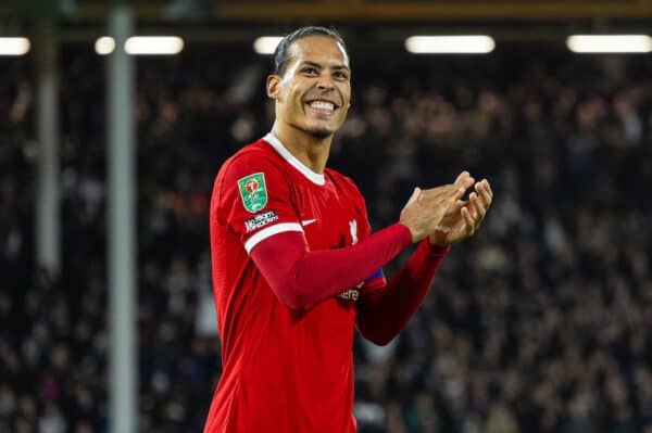 LONDON, ENGLAND - Wednesday, January 24, 2024: Liverpool's captain Virgil van Dijk celebrates after the Football League Cup Semi-Final 2nd Leg match between Fulham FC and Liverpool FC at Craven Cottage. (Photo by David Rawcliffe/Propaganda)