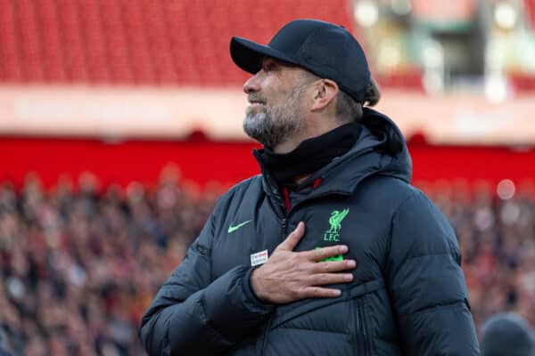 LIVERPOOL, ENGLAND - Sunday, January 28, 2024: Liverpool's manager Jürgen Klopp before the FA Cup 4th Round match between Liverpool FC and Norwich City FC at Anfield. (Photo by David Rawcliffe/Propaganda)