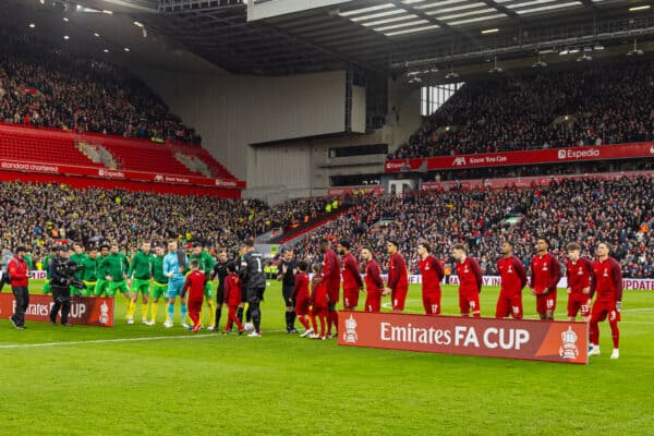 LIVERPOOL, ENGLAND - Sunday, January 28, 2024: Liverpool players line-up before the FA Cup 4th Round match between Liverpool FC and Norwich City FC at Anfield. (Photo by David Rawcliffe/Propaganda)